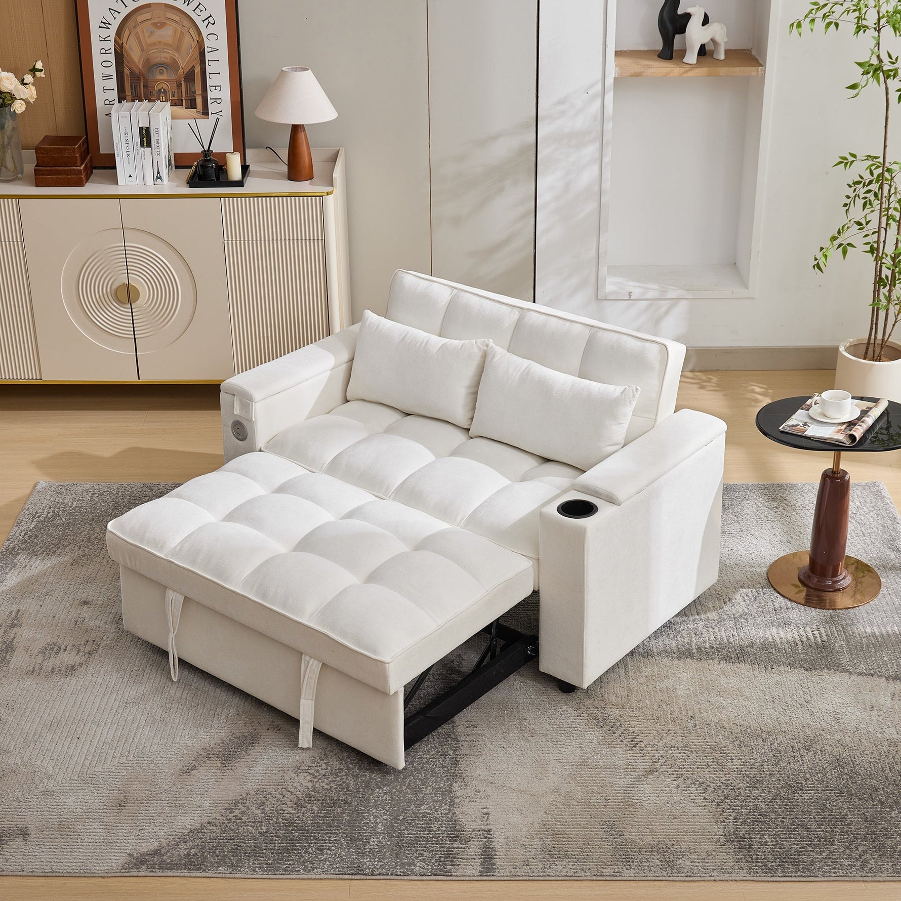 3-in-1 Sleeper Sofa Daybed, Adjustable Backrest USB Port Hidden Cup Holder, Beige