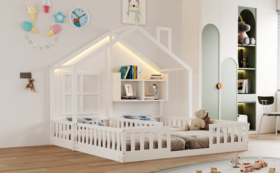 Children's House Bed 90x200 cm with LED & Storage, White