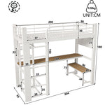 Loft Bed 90x200cm with LED Light & Storage Stairs, White Metal