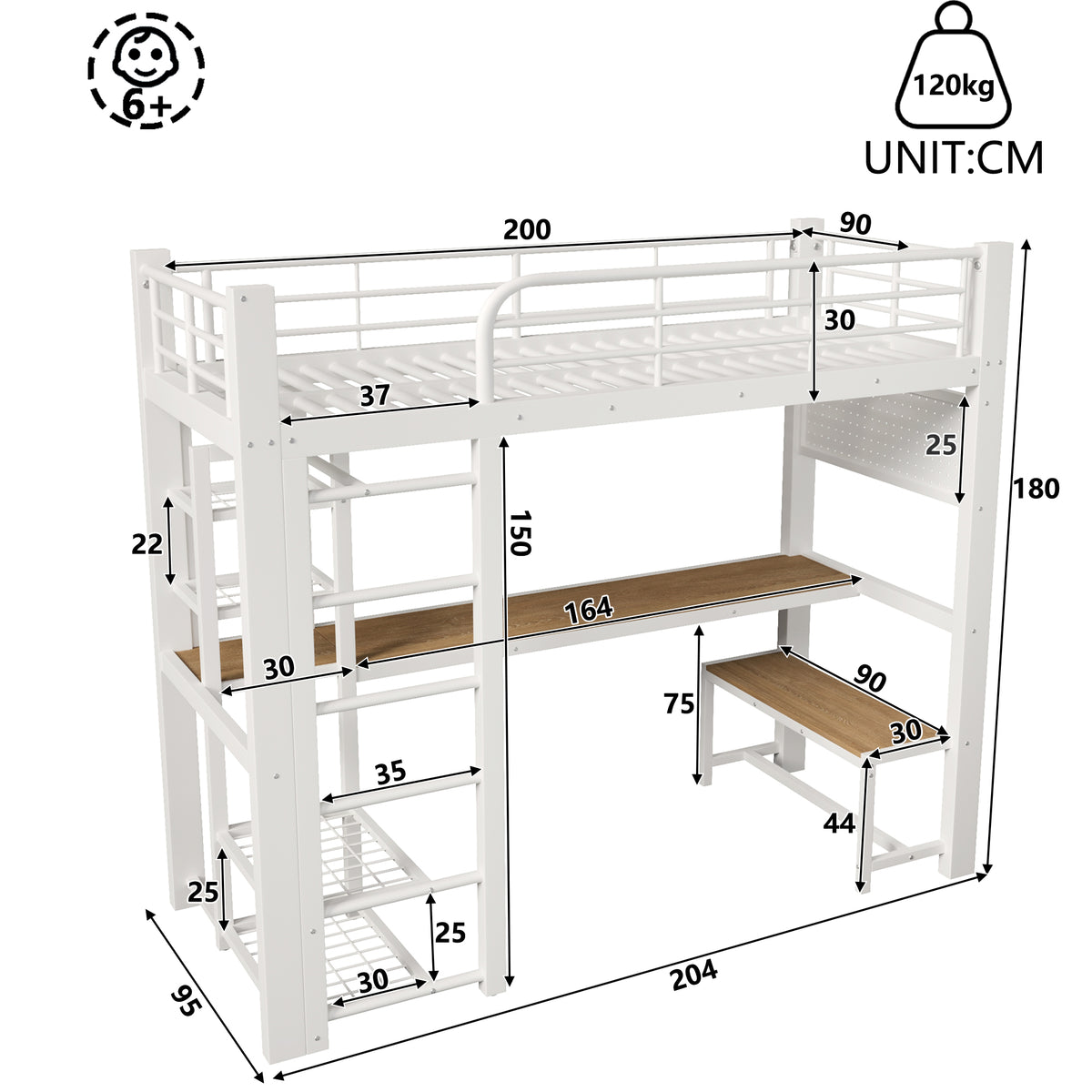 Loft Bed 90x200cm with LED Light & Storage Stairs, White Metal