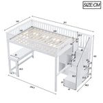 Loft Bed with LED Lights, Storage Ladder, Shelves and Desk, 140x200cm, White