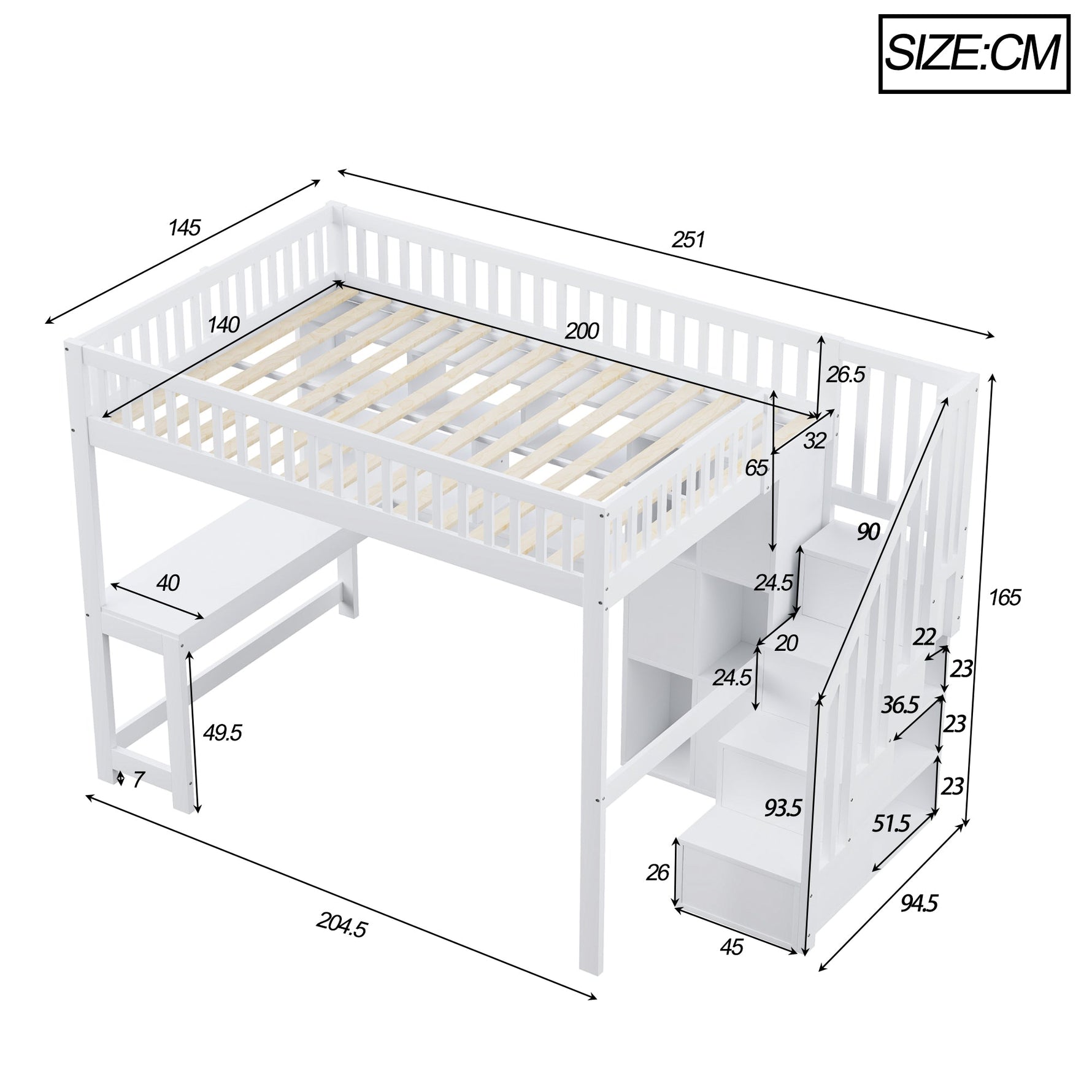 Loft Bed with LED Lights, Storage Ladder, Shelves and Desk, 140x200cm, White
