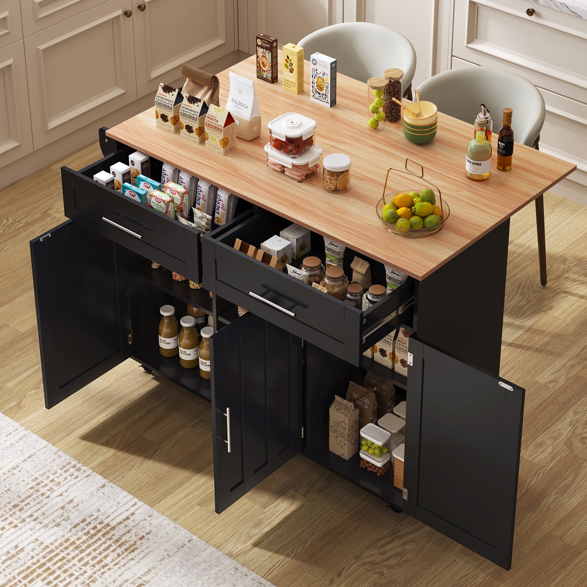 Dining Table Trolley with Folding Tabletop and Storage Cabinets, Black