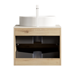 Floating Bathroom Vanity Unit with Oval Sink and Sintered Stone Top, White Oak Wood Grain
