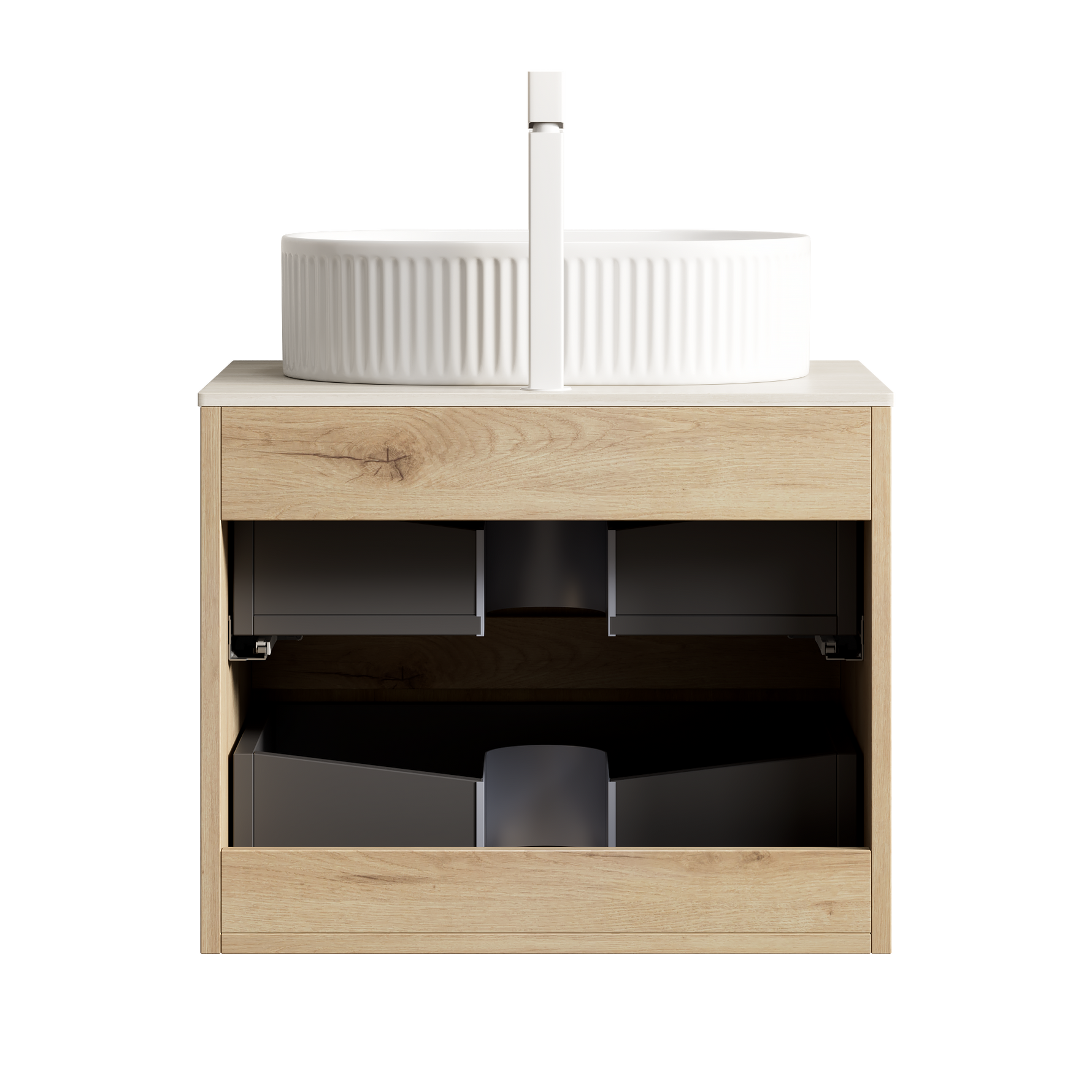 Floating Bathroom Vanity Unit with Oval Sink and Sintered Stone Top, White Oak Wood Grain