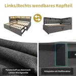Upholstered Bed with Pull-out Bed, LED, Bluetooth Speaker and Charging Ports, 90x200cm, Grey Linen