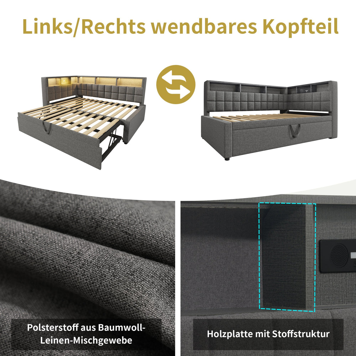 Upholstered Bed with Pull-out Bed, LED, Bluetooth Speaker and Charging Ports, 90x200cm, Grey Linen