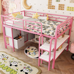 Children's Loft Bed with Metal Frame, Storage Drawers and Shelves, Pink