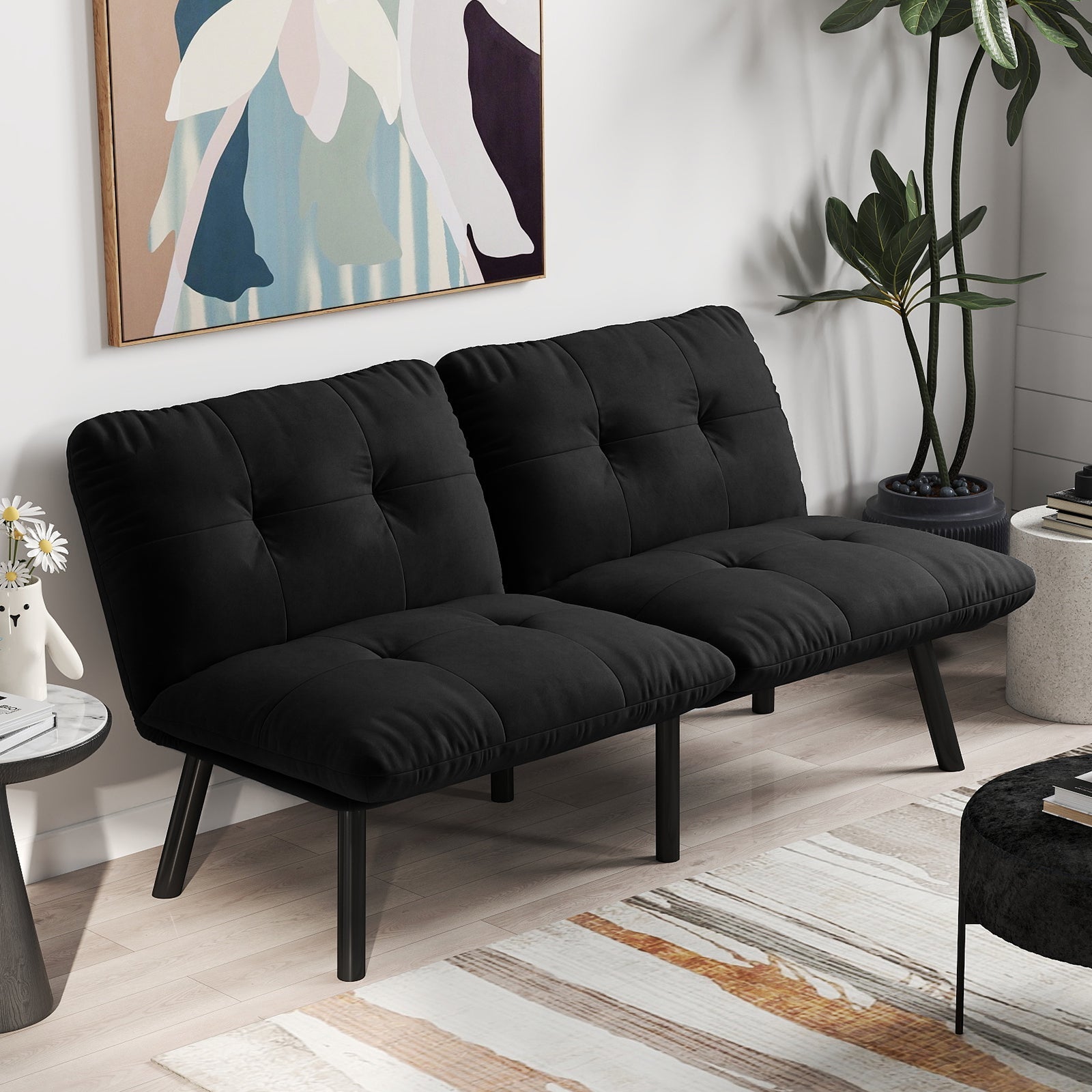 Sofa Bed Foldable 2-Seater Futon Guest Bed - Black