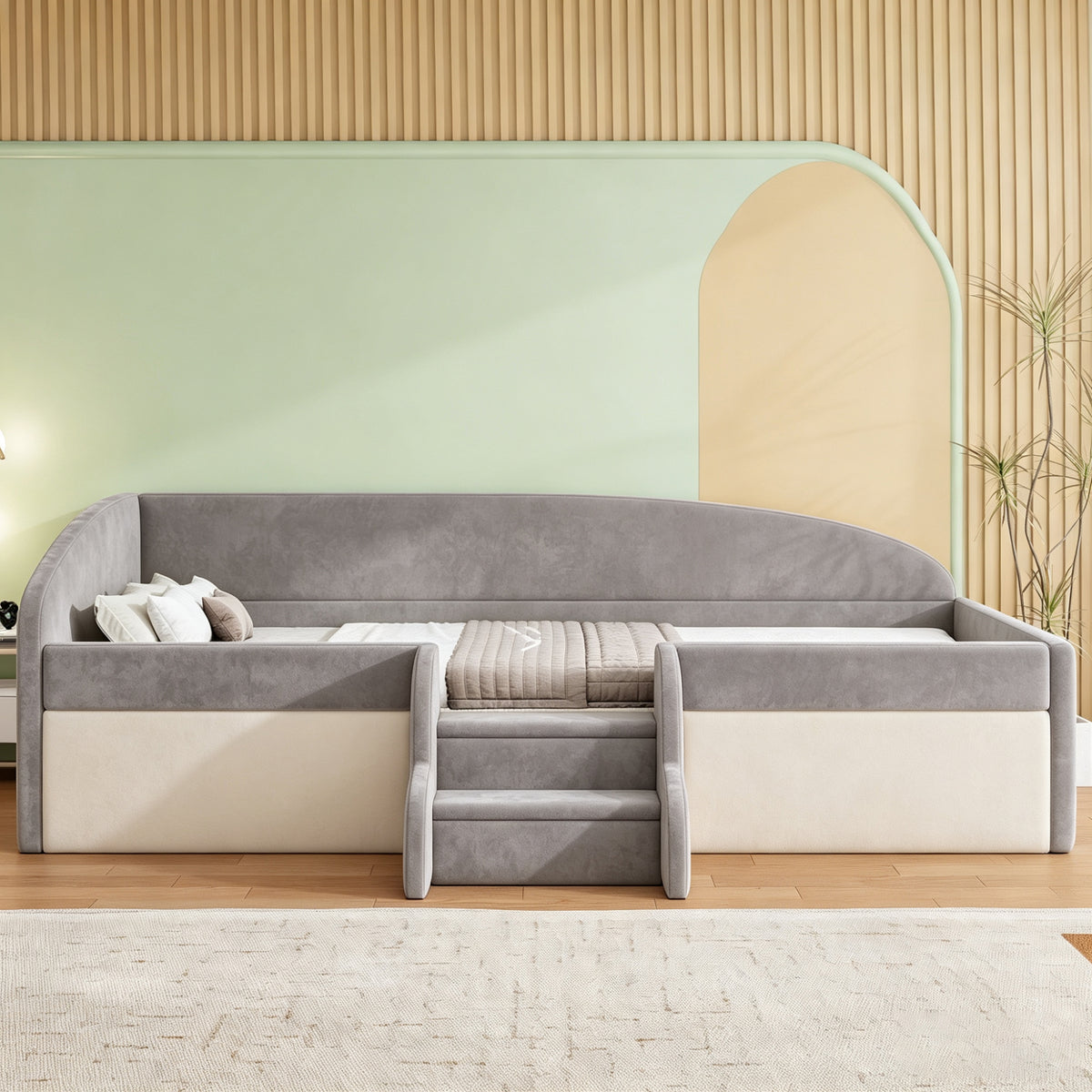 Upholstered Children's Bed 90x190cm with Steps, Grey Velvet