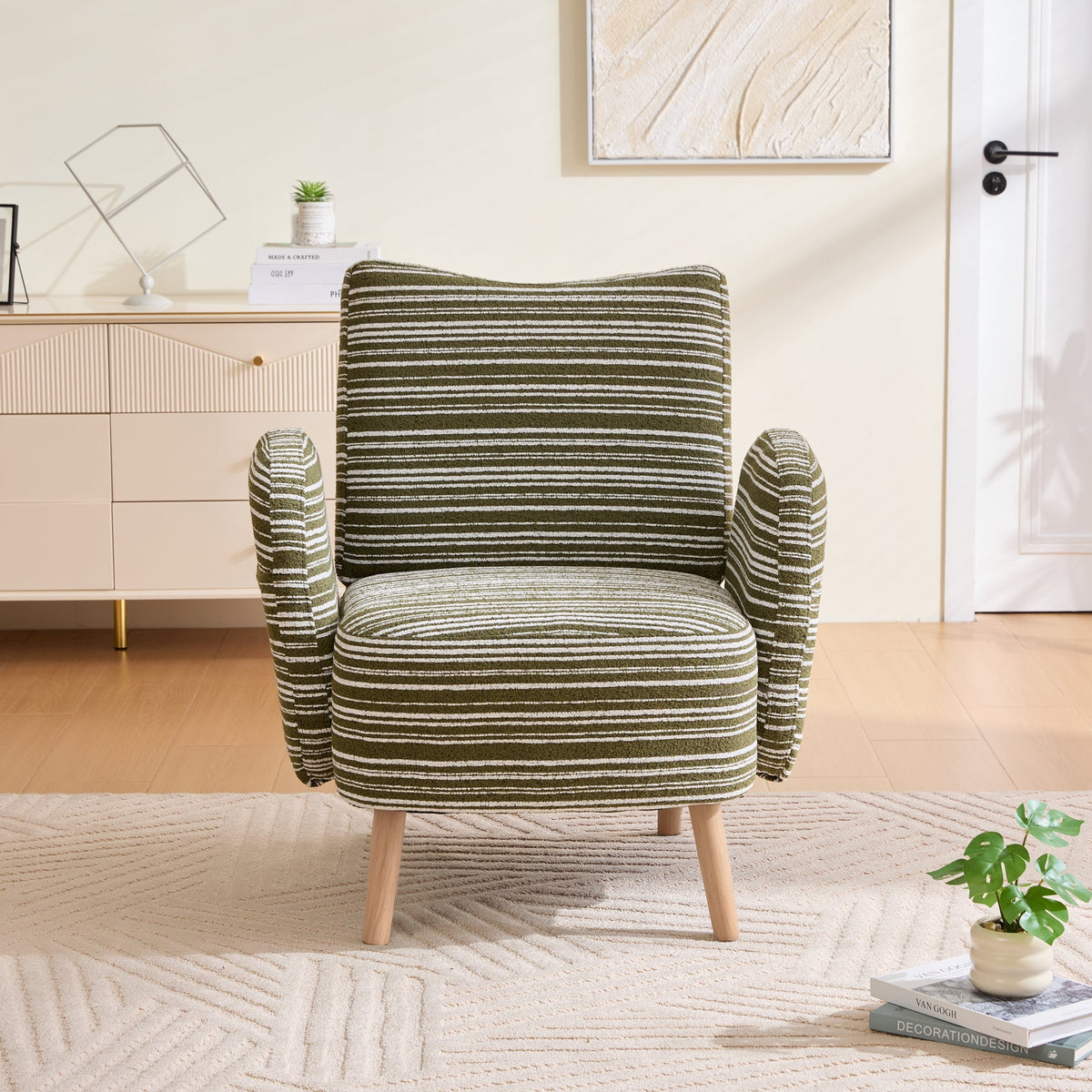 Modern Armchair with Side Pocket and Solid Wood Legs, Circular Pattern Fabric