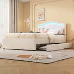 Upholstered Bed 90x200 with LED & 2 Drawers, Beige Linen