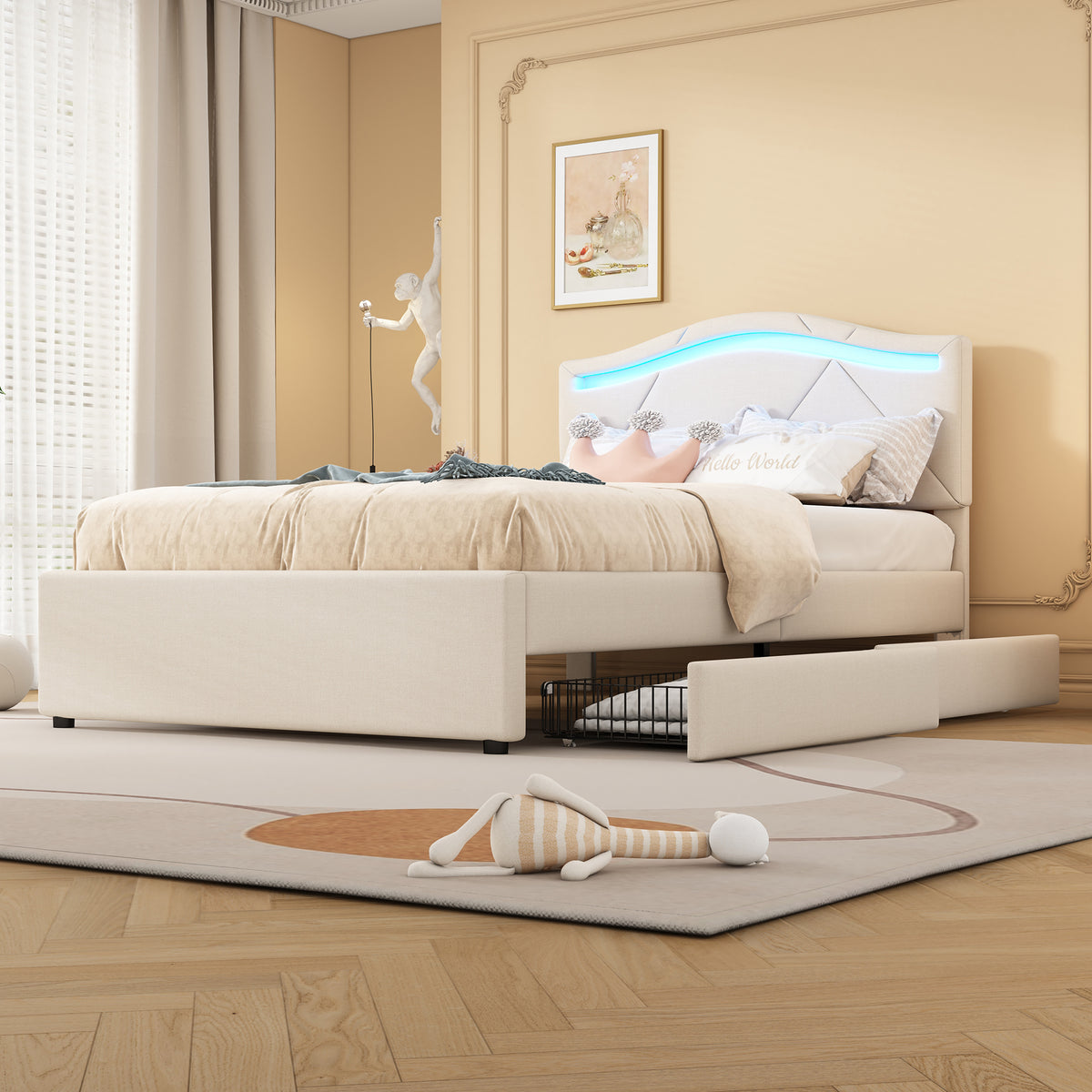 Upholstered Bed 90x200 with LED & 2 Drawers, Beige Linen
