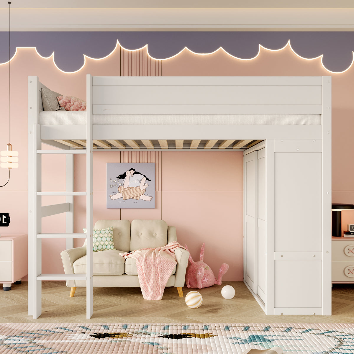 Loft Bed 90x200cm with Wardrobe & Storage, White Pine Wood