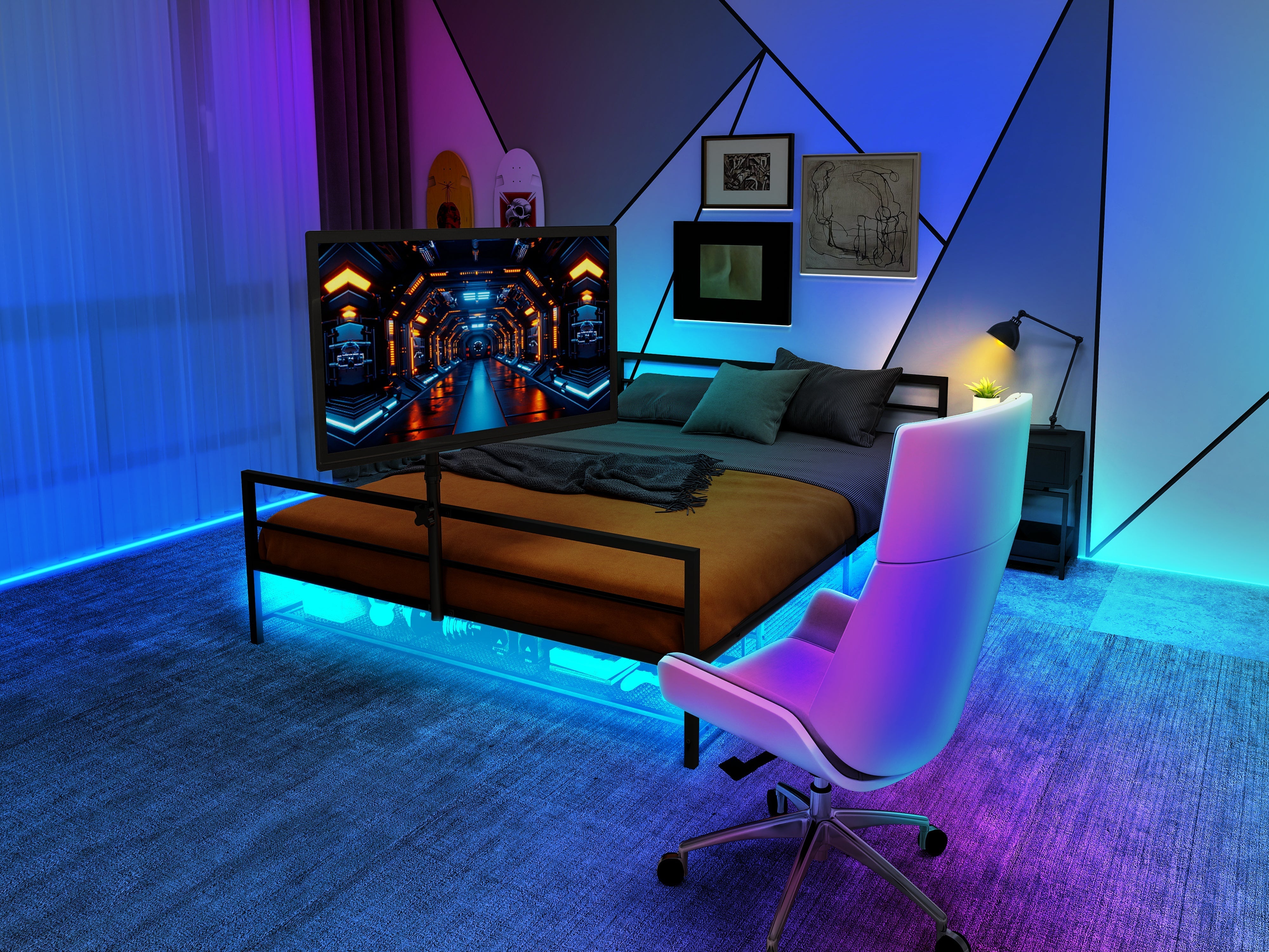 Gaming Bed: Adjustable Holder, LED Lights, Underbed Storage - Black Metal