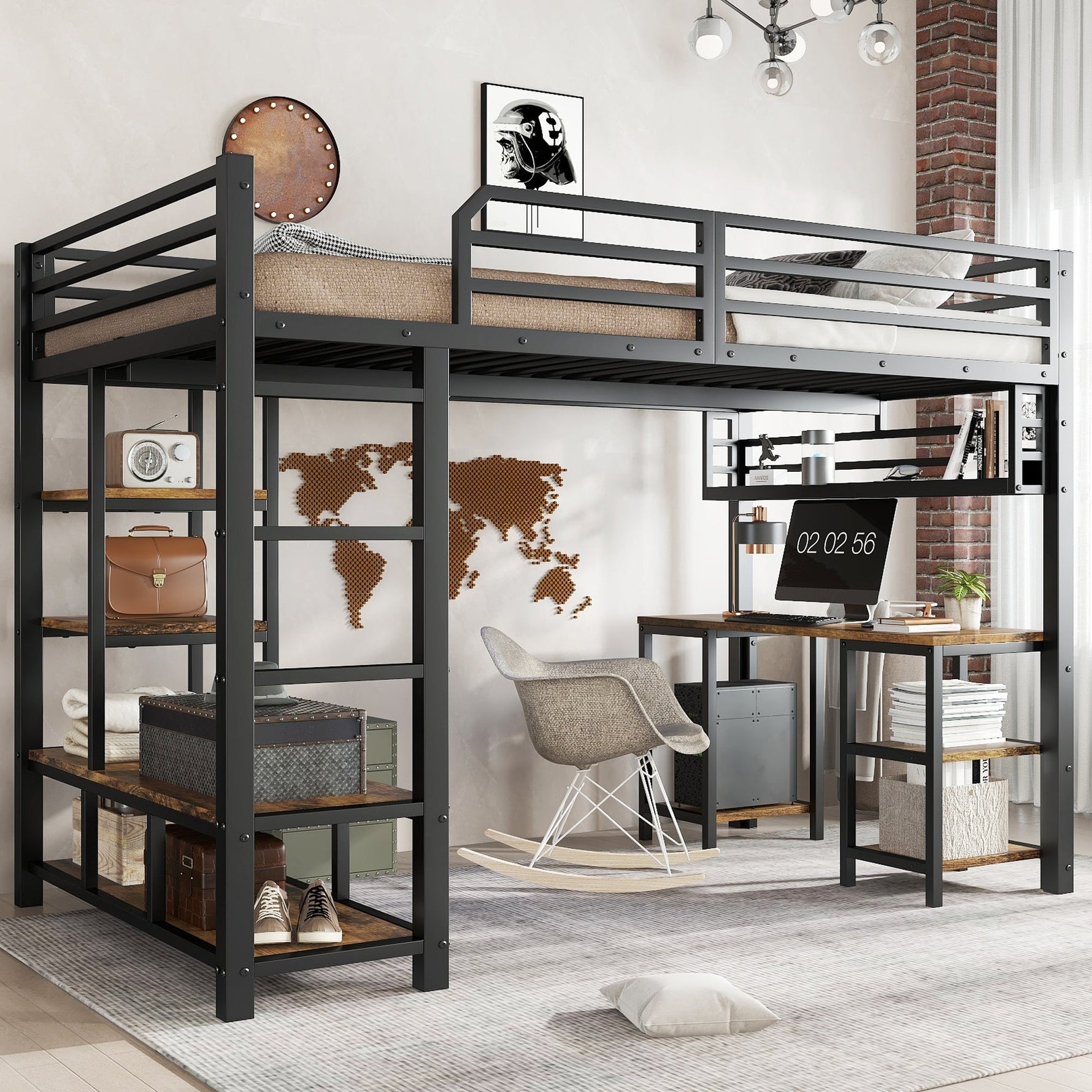 Loft Bed with Desk, Storage, Sturdy Slats, 4-Step Ladder, 120x200cm, Iron + Chipboard Black/Dark