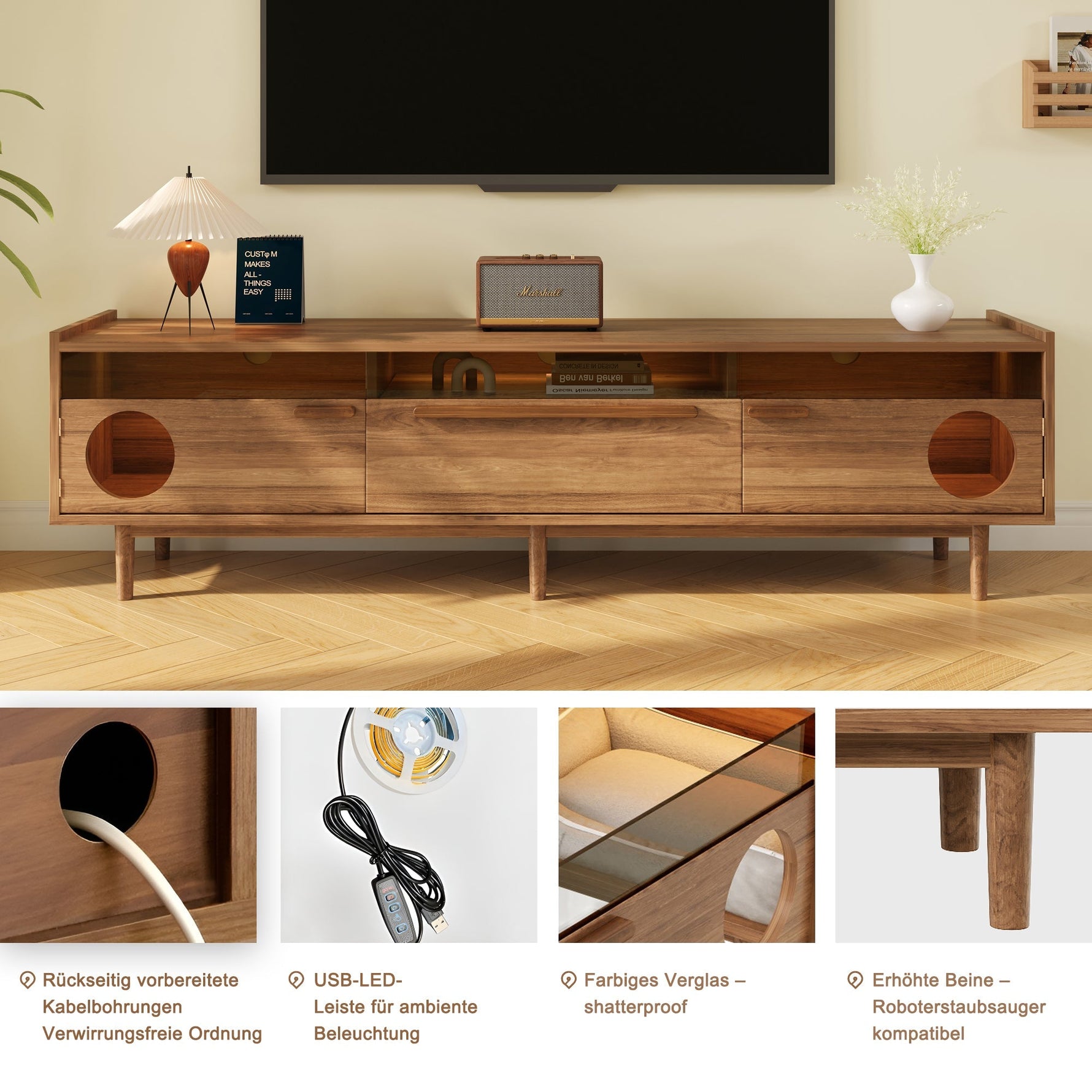 Modern TV Cabinet LED Lighting Cat Rest Area Glass Doors 1 Drawer, Walnut Color