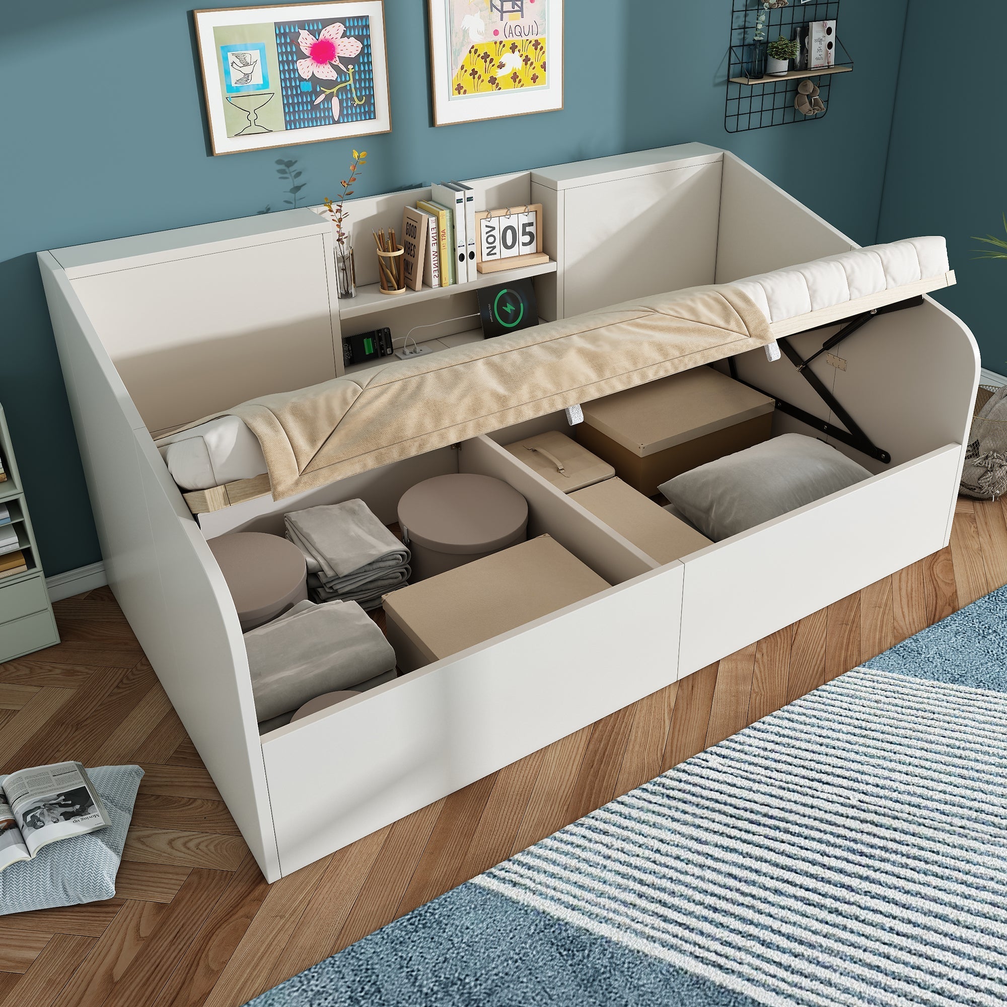 Daybed 90x200cm Hydraulic Storage USB/Type-C Charging - White Wood
