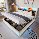 Upholstered Storage Bed 160x200cm with LED & USB, Beige Velvet