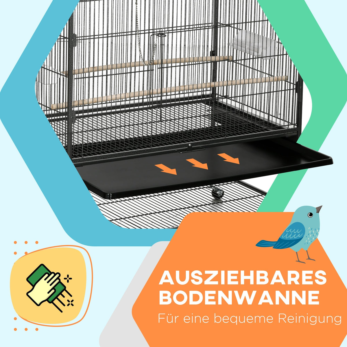 Bird Cage Aviary, Perches, Shelf, Doors, Wheels, Grey