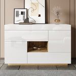 Sideboard, High-Gloss Display Cabinet with LED Lighting & Drawers, White
