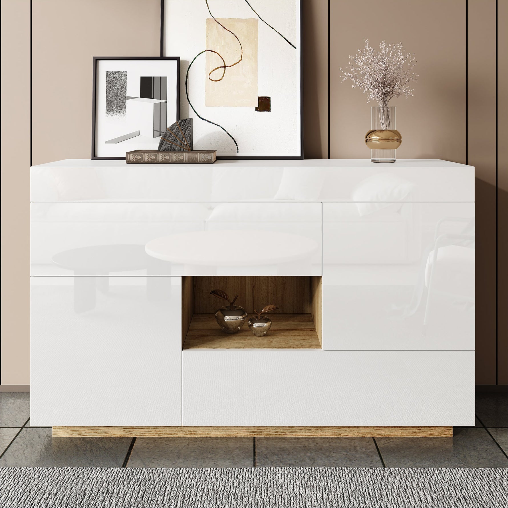 Sideboard, High-Gloss Display Cabinet with LED Lighting & Drawers, White