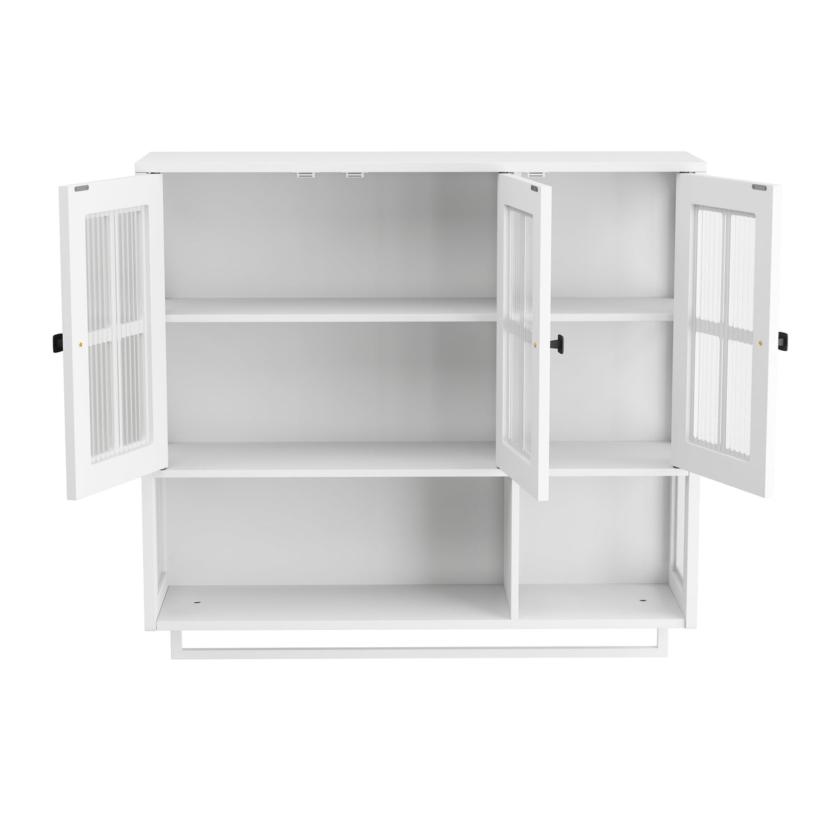 Bathroom Wall Cabinet, 3-Door Wooden with Open/Hidden Storage & Towel Bar, White