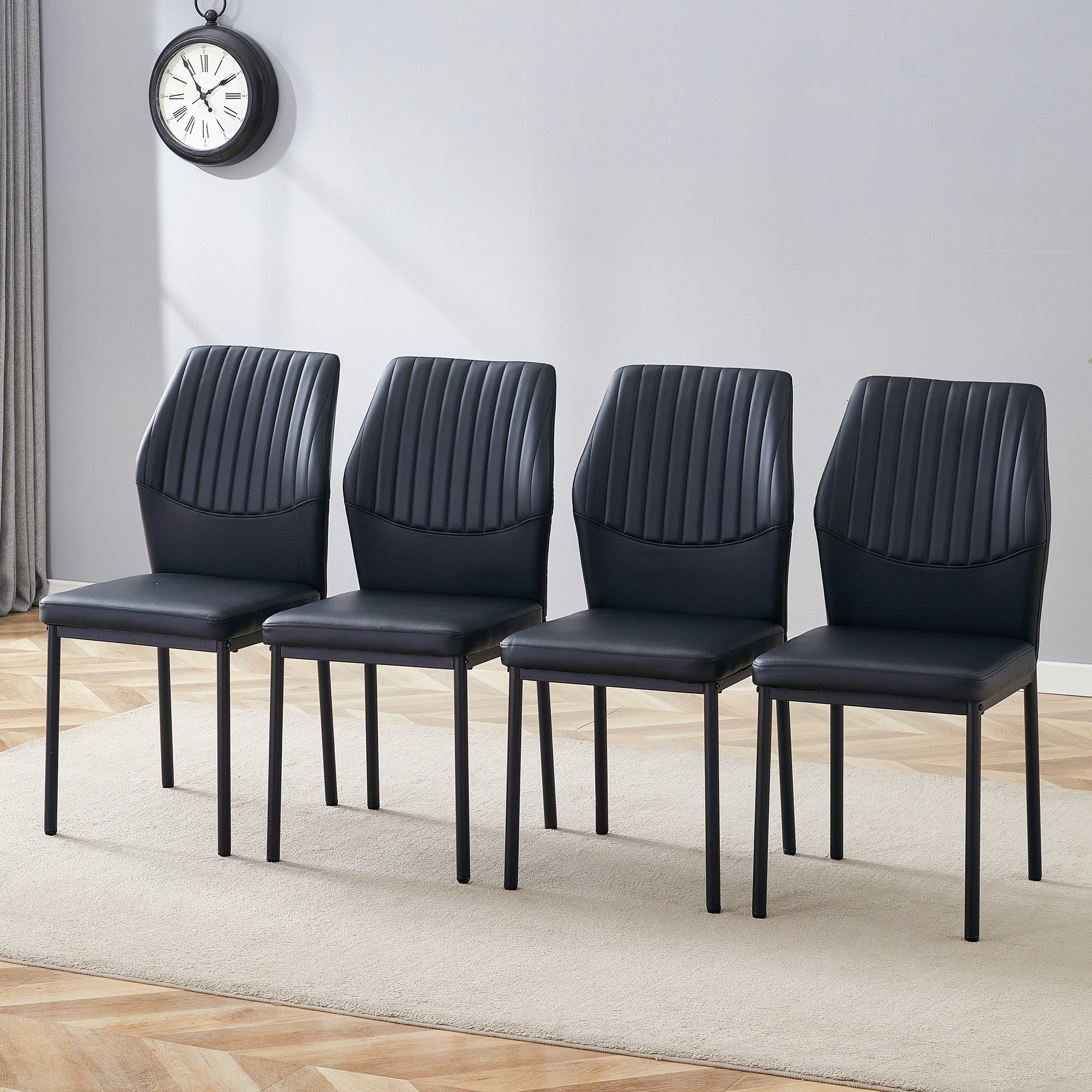 Set of 4 Dining Chairs with Vertical Embossing and Metal Legs, Black PU