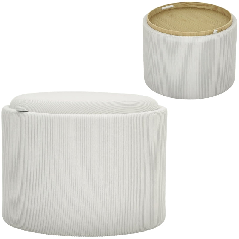 Storage Stool, Round Footstool Upholstered Coffee Table, Cream White