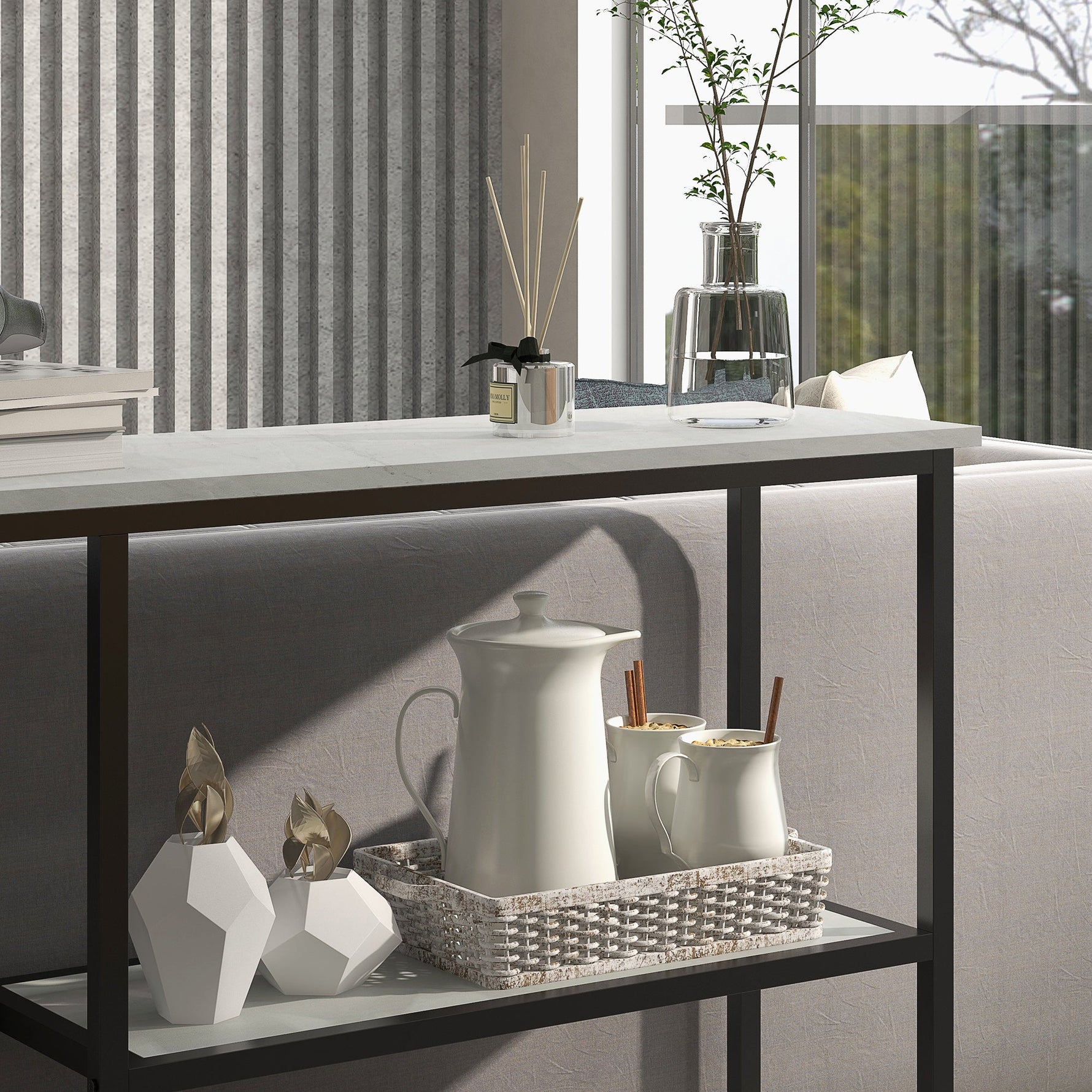 Console Table with 2 Levels, Side Table, Sofa Table, Anti-tip Protection, Steel White