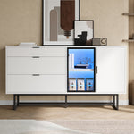 Sideboard Buffet Cabinet with 3 Drawers, Glass Doors and LED Lights, White Wood