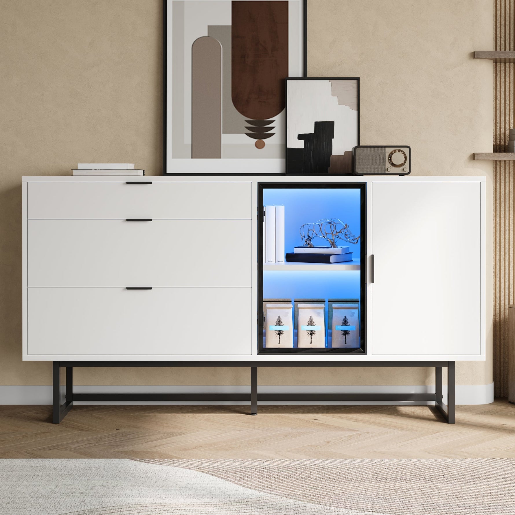 Sideboard Buffet Cabinet with 3 Drawers, Glass Doors and LED Lights, White Wood