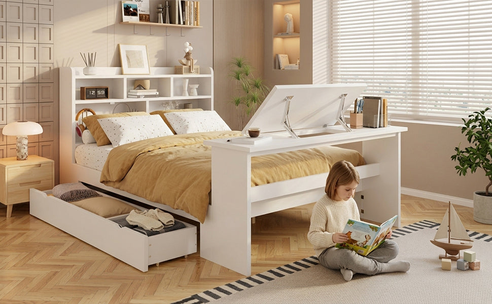 Children's Bed 140x200cm with Storage & Desk in White Wood
