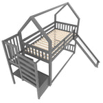 Bunk Bed House Bed 90x200cm Storage Stairs Slide Railing, Grey