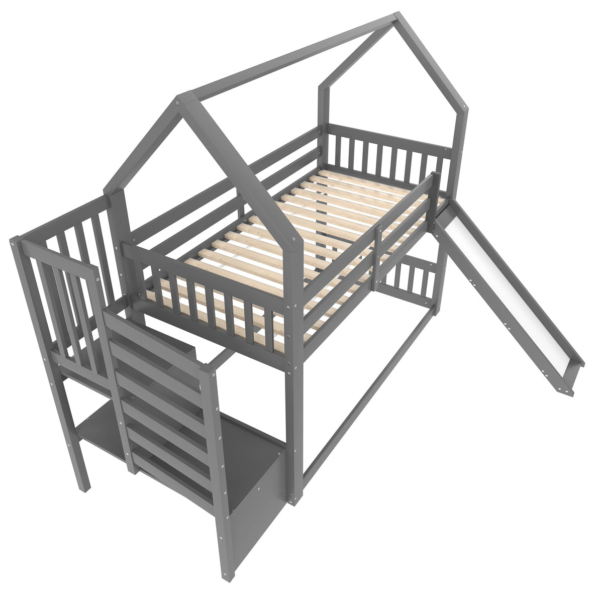 Bunk Bed House Bed 90x200cm Storage Stairs Slide Railing, Grey