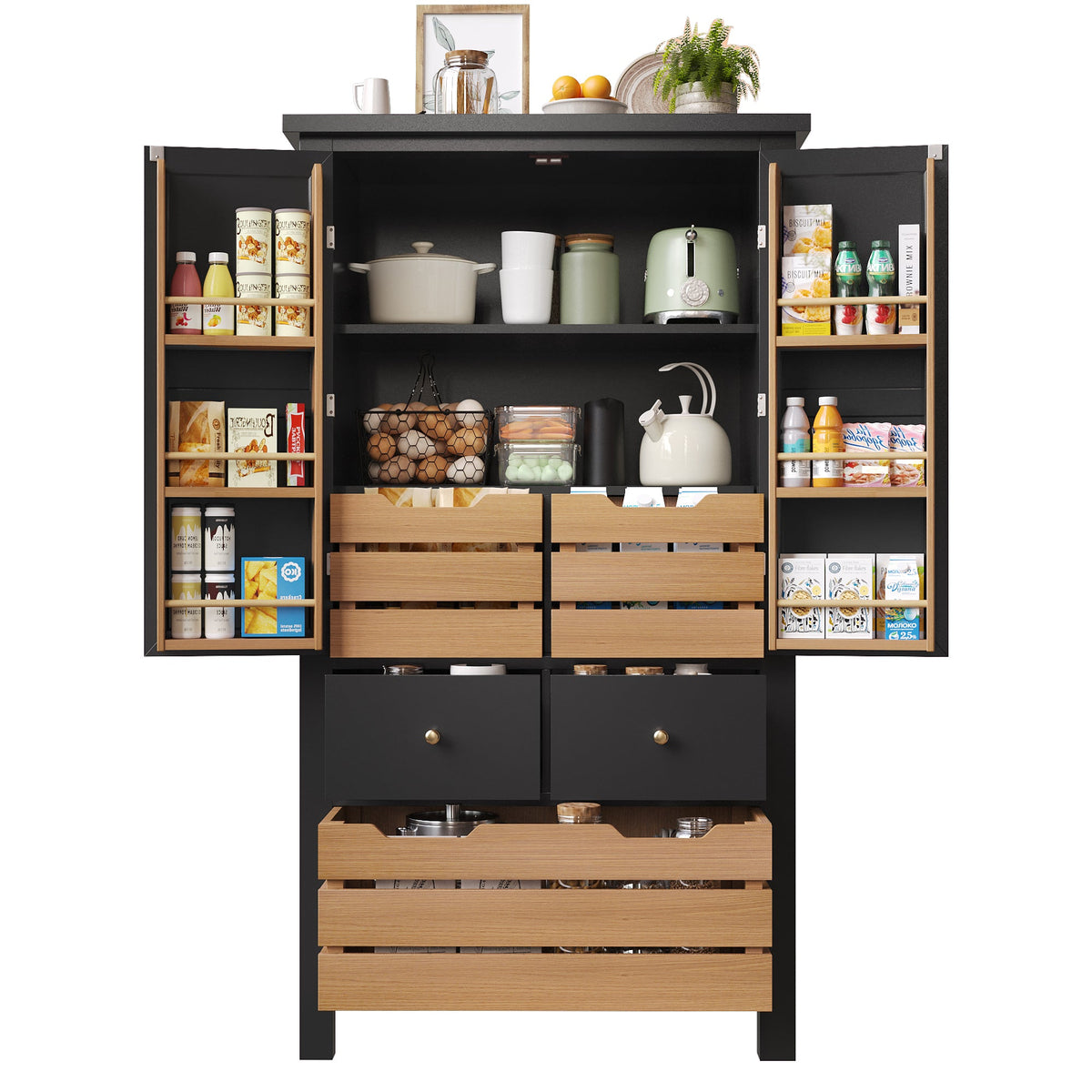 Kitchen Cabinet, Tall Buffet Storage with 2 Doors & 5 Drawers, Black/White