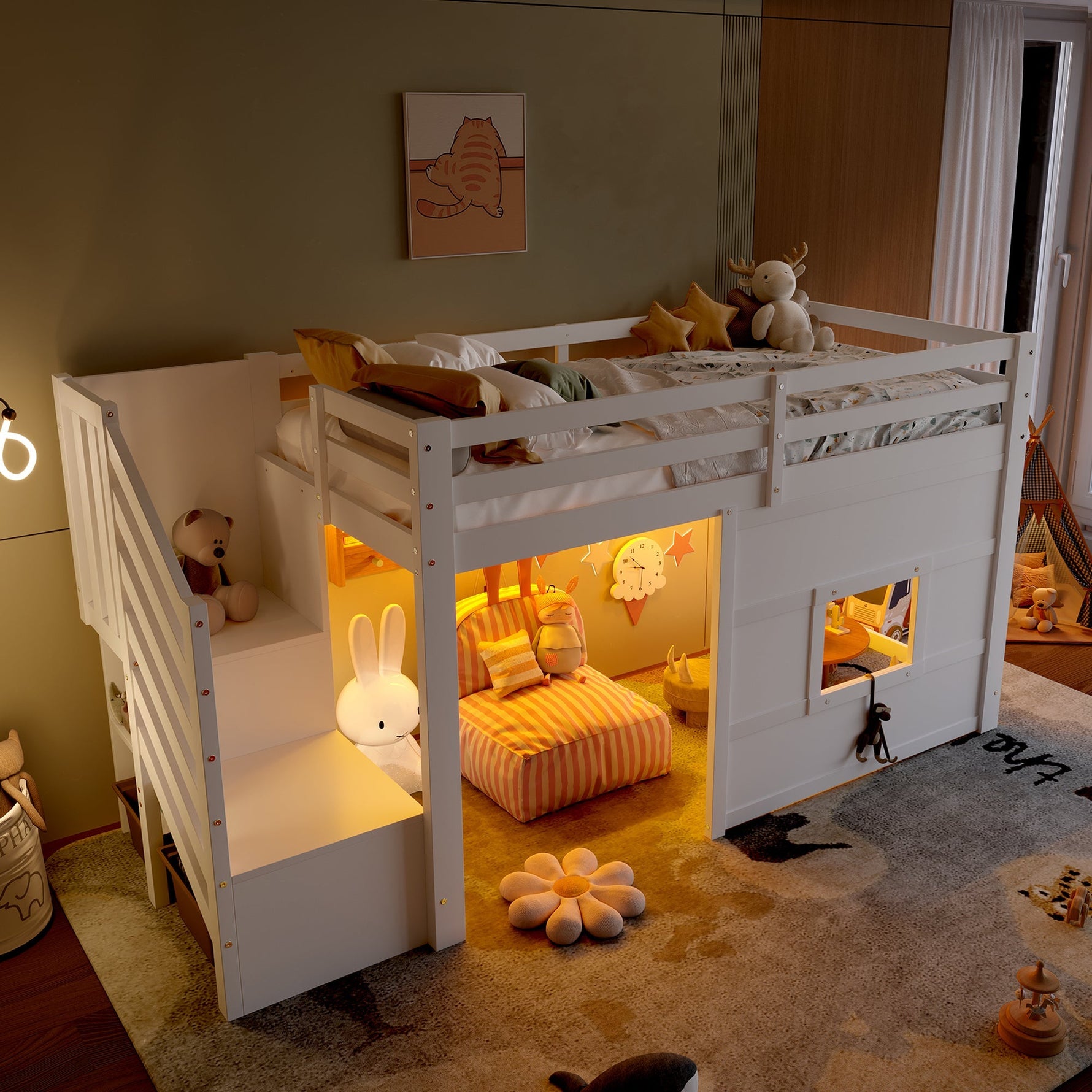 Loft Bed with Storage Stairs and Window, 90x200cm, White Pine Wood + MDF
