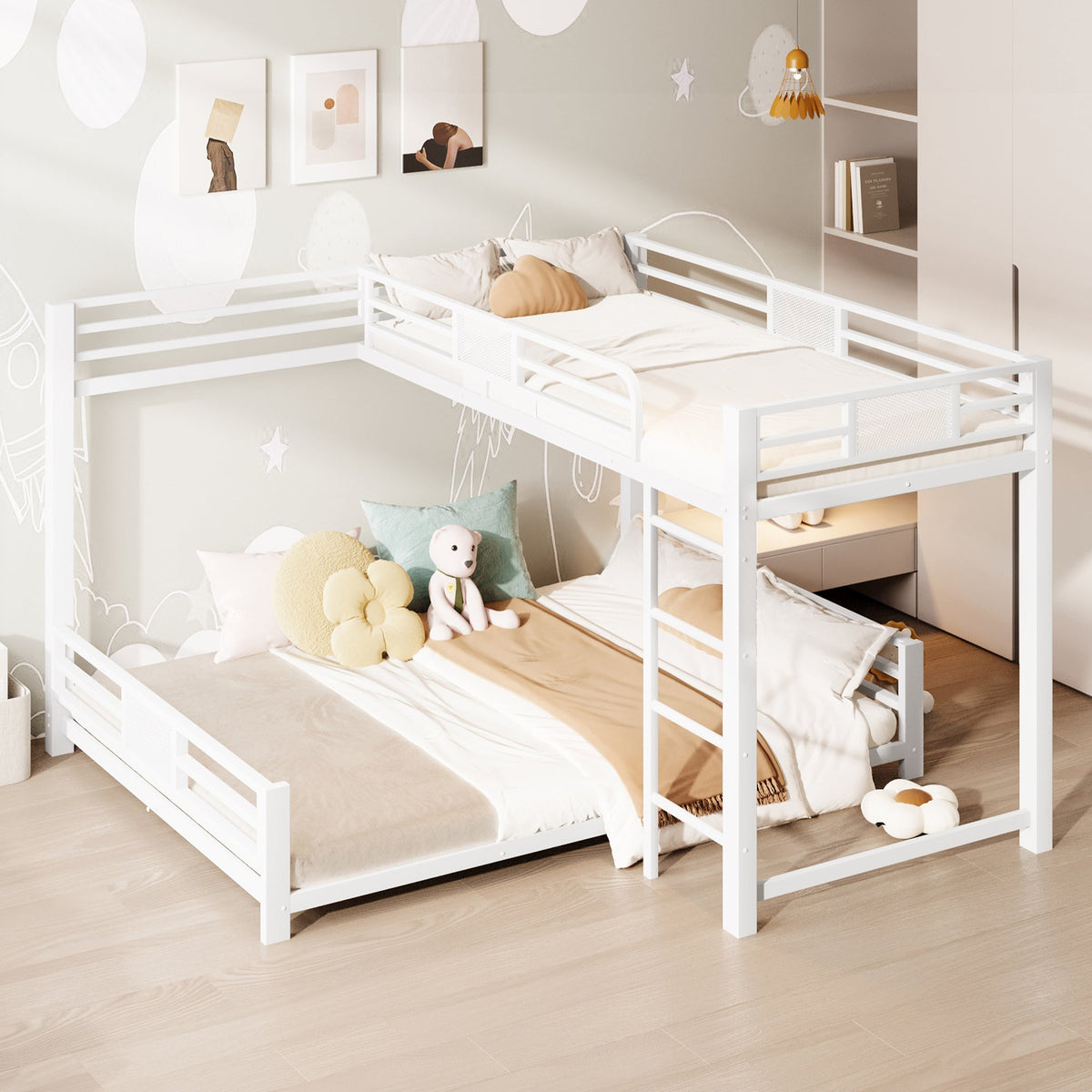 L-Shaped Bunk Bed with 90x200 and 140x200 Metal Frame, White