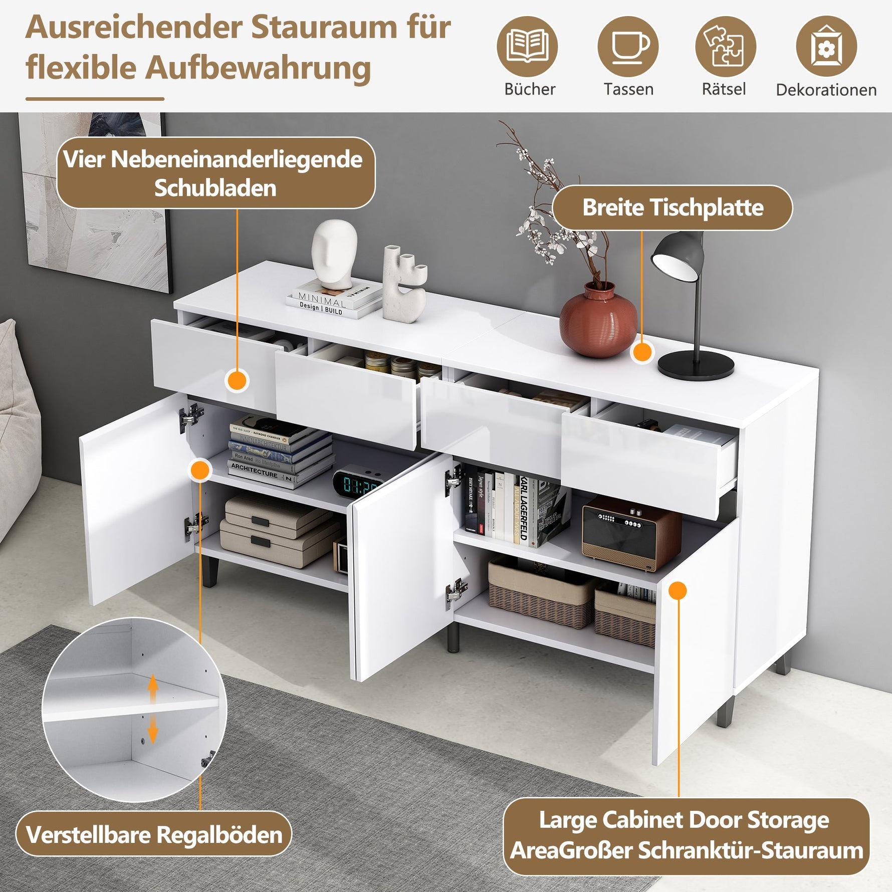 High-Gloss Sideboard 4 Drawers 2 Doors Adjustable Shelves