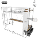 Loft Bed 90x200cm with Desk, Shelves & Drawers, White Iron Frame