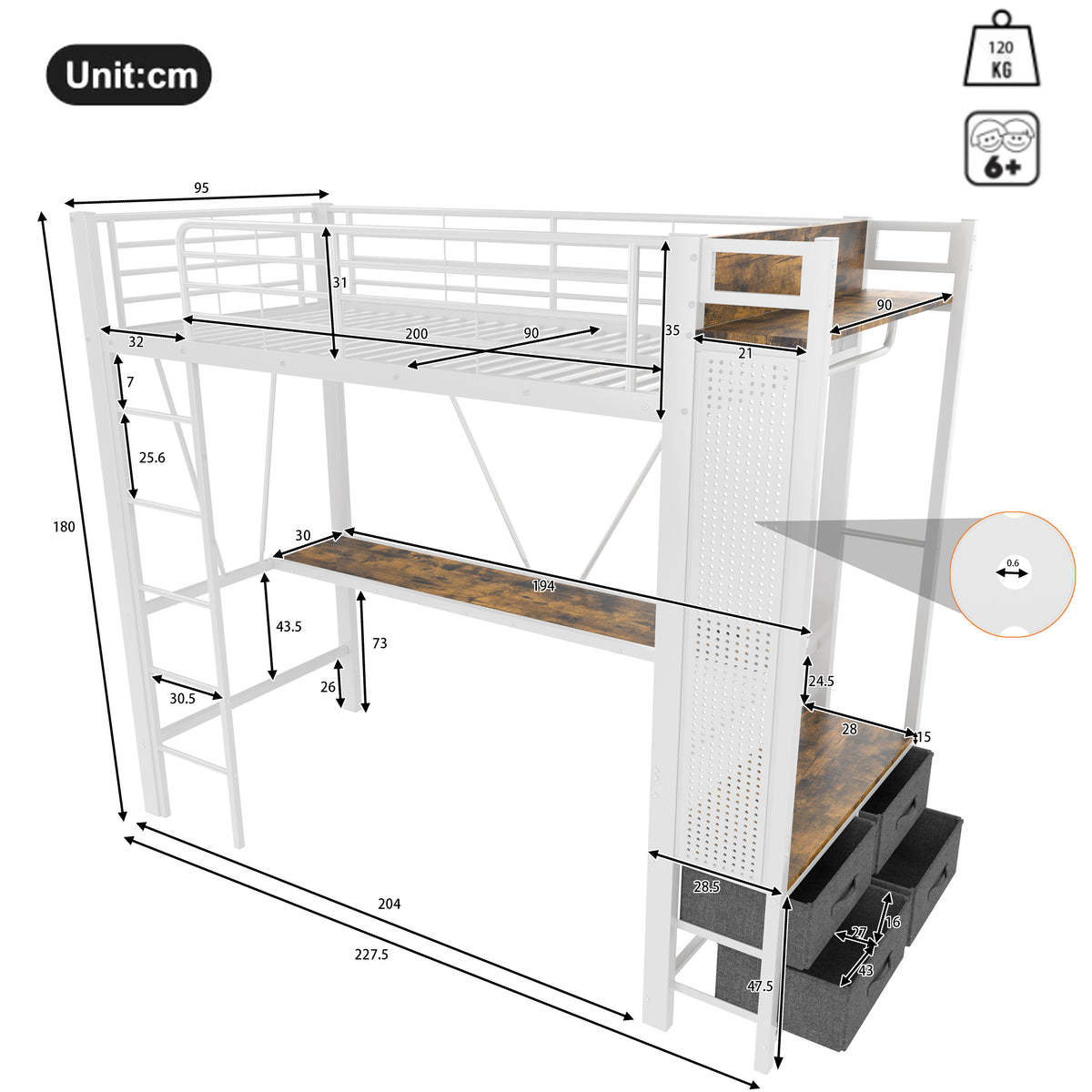Loft Bed 90x200cm with Desk, Shelves & Drawers, White Iron Frame