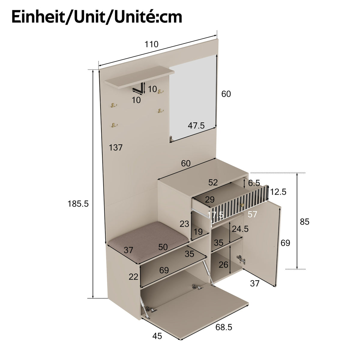 Wardrobe Set, Hallway with Mirror & Cushions, Shoe Cabinet, 110 x 185.5 x 37 cm, Compact