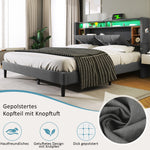 Upholstered Double Bed Frame with Storage Headboard, USB & LED, Grey