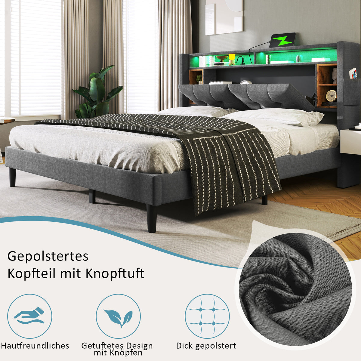 Upholstered Double Bed Frame with Storage Headboard, USB & LED, Grey