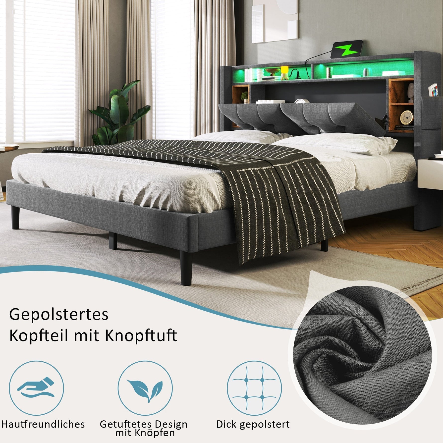 Upholstered Double Bed, Storage Headboard USB LED 160x200cm, Grey