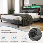 Upholstered Double Bed with Storage Headboard, USB & LED, Wooden Slats, Grey