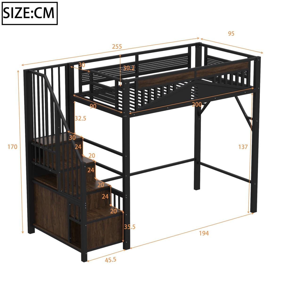 Metal Loft Bed, 90 x 200 cm, Safety Enclosure with Window & Ladder, Black