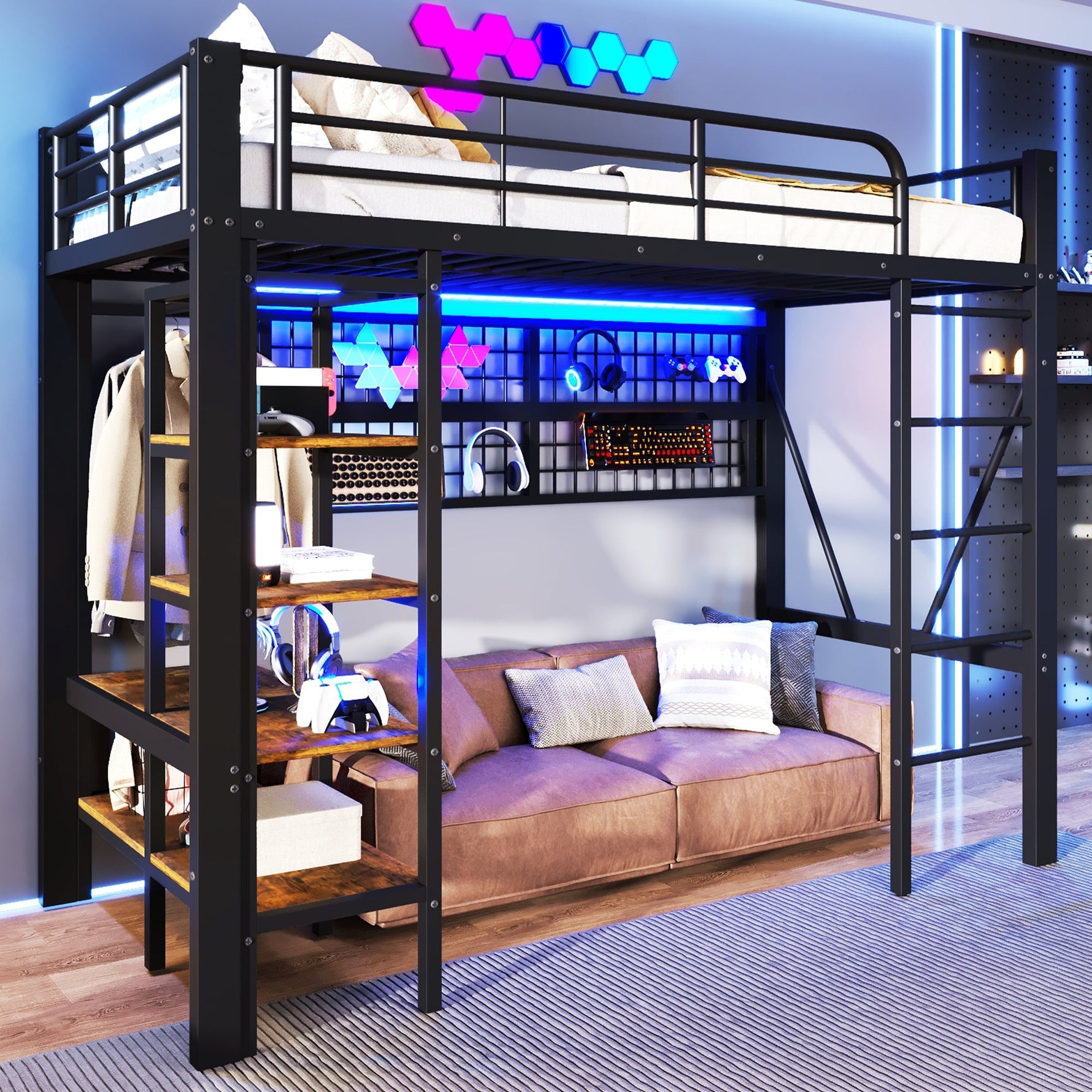 Loft Bed with Storage Shelves, Clothes Rail and LED Light Strip, Black Metal