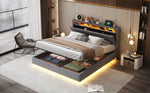 Upholstered Bed 160x200 cm, Hydraulic Floating Frame with Storage, USB & LED, Linen Grey