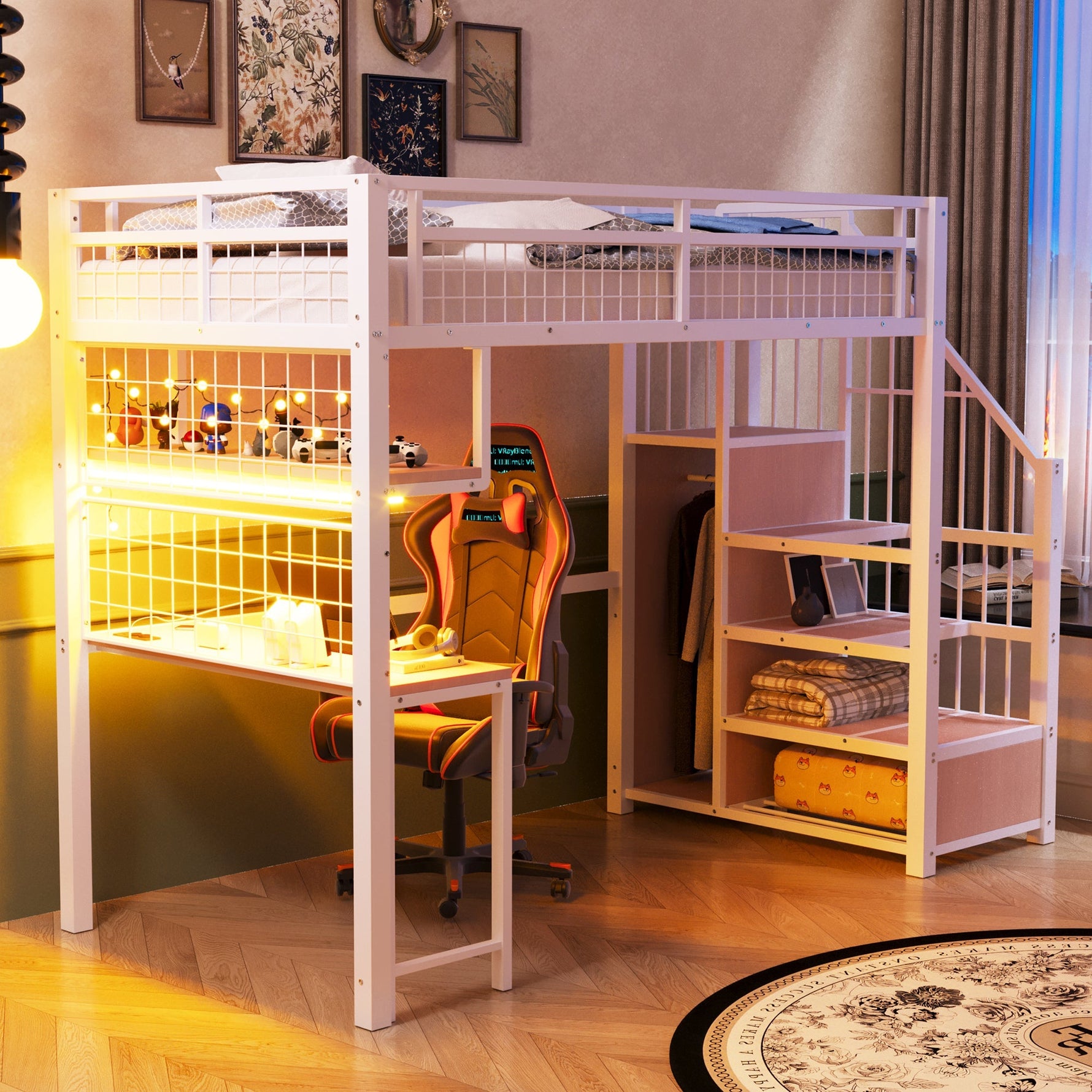 Metal Loft Bed 90x200cm with Light Strip Charging Socket Storage Ladder Wardrobe Desk White